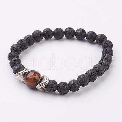 Natural Lava Rock and Tiger Eye Stretch Bracelets BJEW-JB03001-03-1