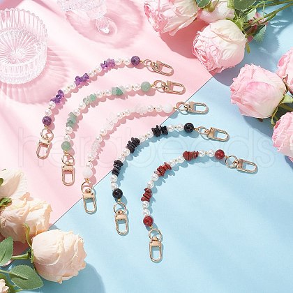 Natural Mixed Stone Chip & Round ABS Plastic Imitation Pearl Bag Extension Chains AJEW-BA00147-1