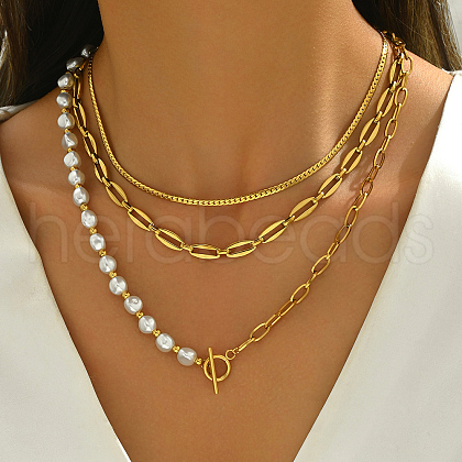 Baroque Style Stainless Steel & Brass & Imitation Pearl 3 Layered OT Buckle Necklaces for Women EE6701-1