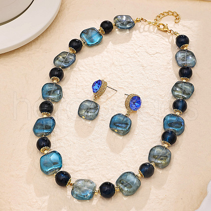 Square & Round Glass Beaded Necklaces & Stud Dangle Earrings Sets for Women FS-WG16680-01-1