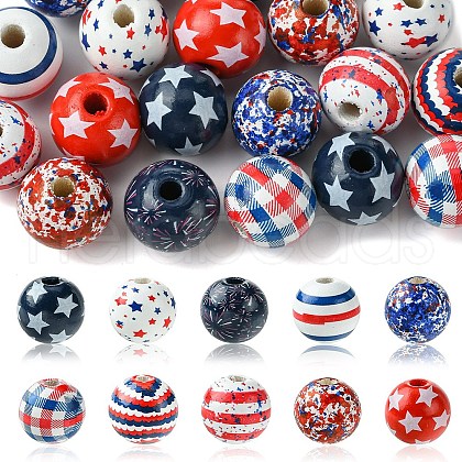20Pcs 10 Styles Printed Natural Wooden Beads WOOD-YW0001-19-1
