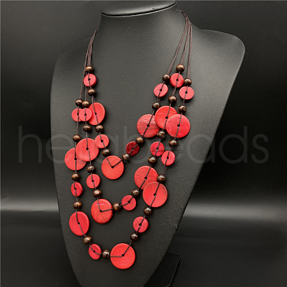Dyed Natural Coconut Disc Beaded PU Leather Multi-Strand Necklaces for Women FS-WG04026-03-1