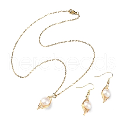 Mother's Day Jewellery Natural Pearl Pendant Necklace & Dangle Earrings X-SJEW-JS01276-1