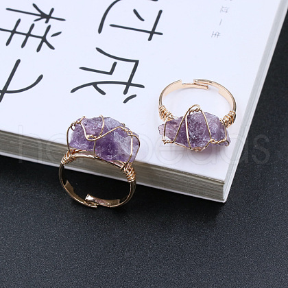 Nuggets Alloy Wire Wrapped Natural Amethyst Cuff Rings FS-WGA7830-01-1