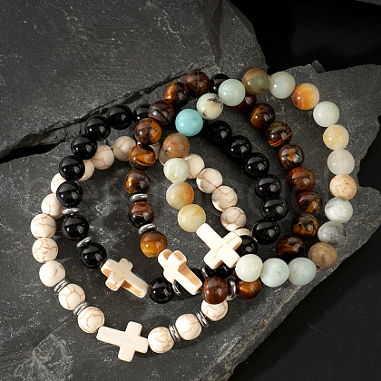 4Pcs Natural Tiger Eye & Amazonite & Obsidian Bracelet Sets EA6733-1