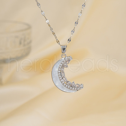 Minimalist Brass Sparkling Clear Cubic Zirconia Moon Pendant Necklaces MH1513-2-1