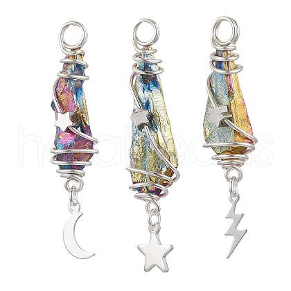 3Pcs 3 Styles Electroplated Natural Quartz Crystal Nuggets Copper Wire Wrapped Pendants PALLOY-JF03128-07-1