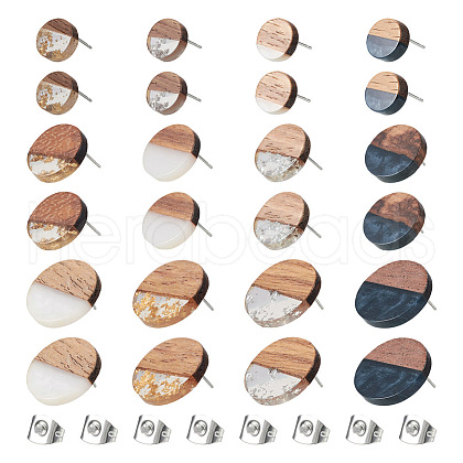 24Pcs 12 Styles Resin & Walnut Wood Flat Round Stud Earrings with 304 Stainless Steel Pin for Women EJEW-TA0001-20-1