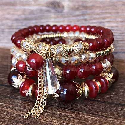 4Pcs 4 Styles Bohemian Style Alloy Glass Round Beaded Stretch Bracelets FS-WG80D8B-01-1