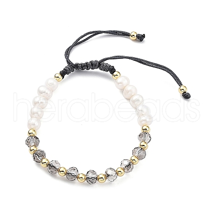 Mother's Day Jewellery Adjustable Natural Pearl & Glass & Brass Braided Beaded Bracelet for Women BJEW-O187-03-1