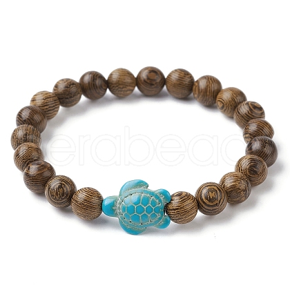 Natural Wood Round & Synthetic Turquoise Turtle Beaded Stretch Bracelet for Women BJEW-JB09699-06-1