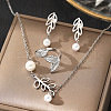 Leaf 304 Stainless Steel with Plastic Pearl Pendant Necklaces & Stud Dangle Earrings & Rings Sets FS-WGEF780-02-1