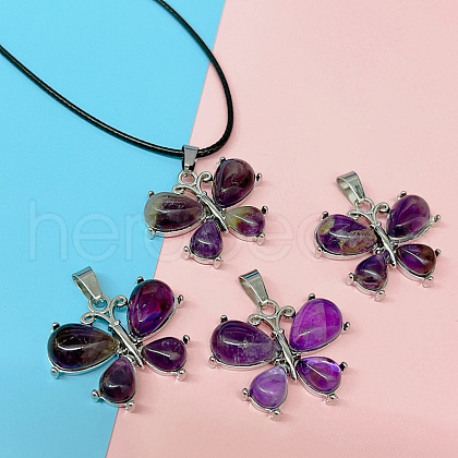 Butterfly Alloy Pave Natural Amethyst Pendant Imitation Leather Cord Necklaces FS-WG1163A-01-1