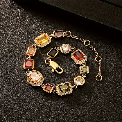 Brass Pave Colorful Cubic Zirconia Geometric Rectangle Flat Round Square Link Chain Bracelets for Women and Men IX3096-1