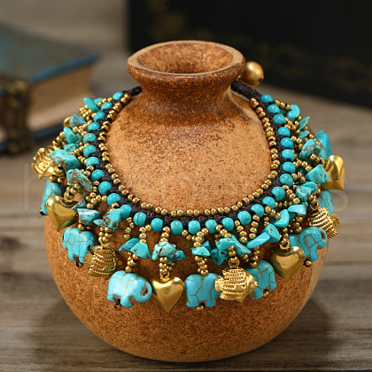 Bohemian Dyed Synthetic Turquoise Elephant & Brass Fish Heart Beaded Tassel Anklets for Women FS-WG11539-08-1