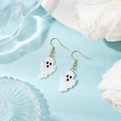 Halloween Theme Ghost Handmade Glass Seed Beaded Dangle Earrings EJEW-MZ00478-1