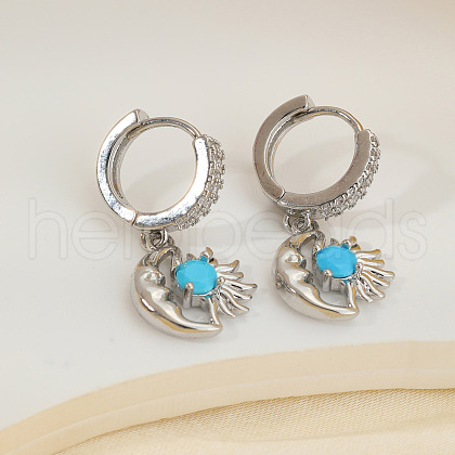 Brass Clear Cubic Zirconia Moon with Sun Hoop Earrings OC2532-1