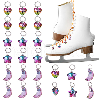 24Pcs 3 Styles Star & Moon & Heart Glass Shoes Charms PALLOY-PH01715-1