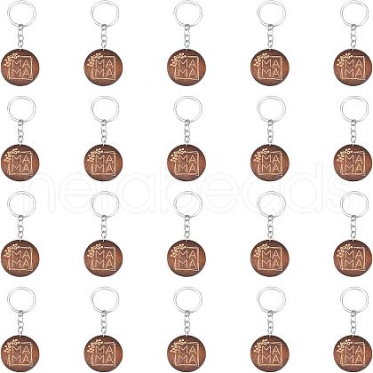 Engraved Wooden Flat Round Pendant Keychains FIND-WH0150-17-1