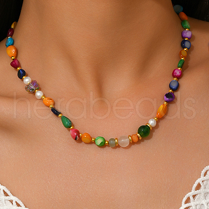 Dyed Natural Shell Nuggets Beaded Necklaces for Women UA5523-1