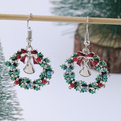 Christmas Wreath & Christmas Bell Alloy Rhinestone Dangle Earrings WG06691-04-1
