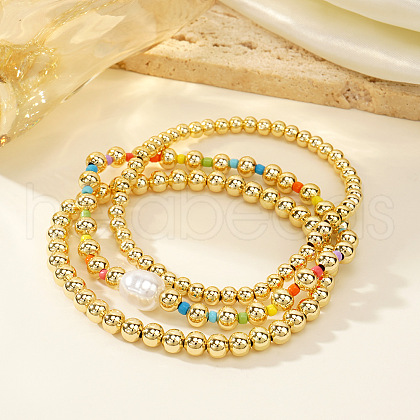 3Pcs 3 Styles Brass Round Beaeds Stretrch Bracelets for Women BM4662-1