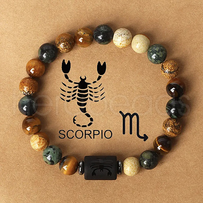 12 Constellations Natural Tiger Eye & Picture Jasper Round Beaded Stretch Bracelets for Men Women WG21EC3-12-1