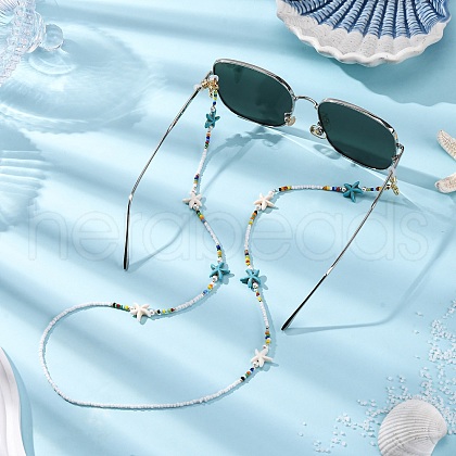 Glass Seed & Shell Pearl & Starfish Synthetic Turquoise Beads Eyeglasses Chains AJEW-TA00040-1