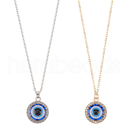 ANATTASOUL 2Pcs 2 Colors Blue Plastic Evil Eye with Crystal Rhinestone Pendant Necklaces Set NJEW-AN0001-25-1