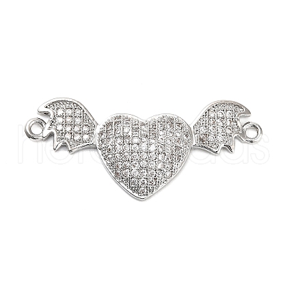 Brass Micro Pave Clear Cubic Zirconia Heart with Bat Wings Connector Charms KK-L229-053P-1
