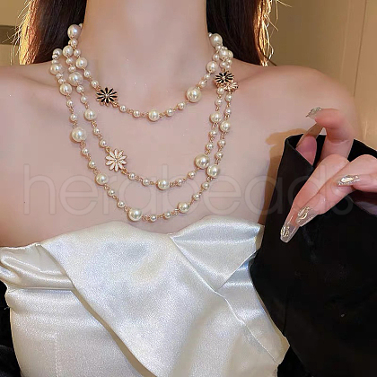 Wrap Style Alloy Black Enamel Flower & Plastic Imitation Pearl Round Beads Link Chain Long Necklaces for Women FS-WGD2267-03-1
