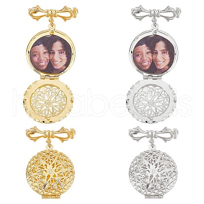 4Pcs 2 Colors Brass Flat Round Locket Pendant Brooch for wedding Photo JEWB-WR00002-1