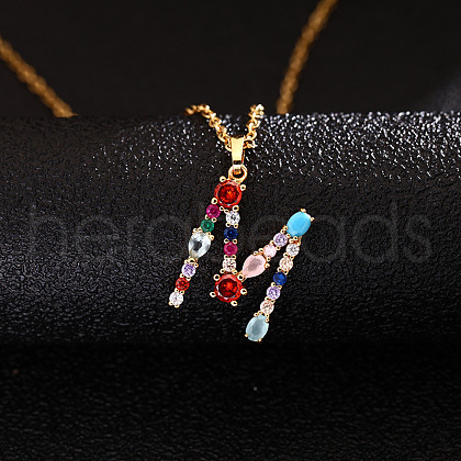 Brass Pave Colorful Cubic Zirconia Initial Pendant Necklaces for Women FS-WG659DF-13-1