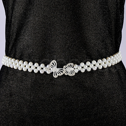 White Acrylic Imitiaotn Pearl Beaded Elastic Chain Belts with Alloy Buckles WGEAB88-02-1