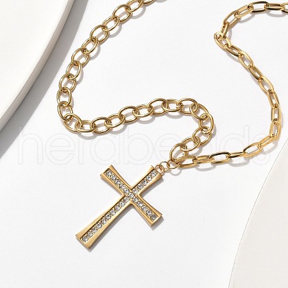 304 Stainless Steel Crystal Rhinestone Cross Pendant Cable Chain Necklaces NJEW-S442-07G-1