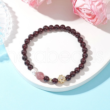 Round Natural Grade AAAA Garnet Strawberry Quartz Beads Stretch Bracelets BJEW-JB11825-01-1