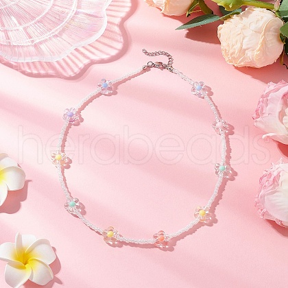 Acrylic & Glass Seed Beaded Flower Necklaces for Women NJEW-JN05291-01-1