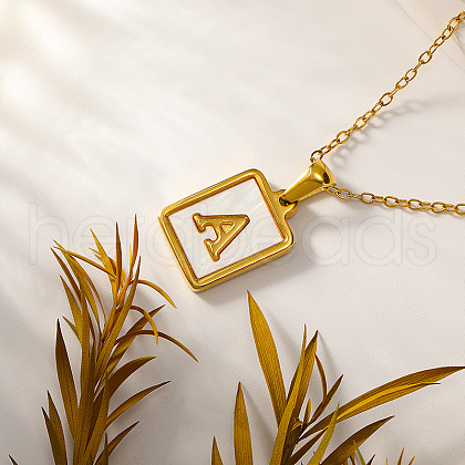 Rectangle Stainless Steel Pave Natural White Shell Initial Pendant Necklaces for Women FS-WGB5EDA-01-1