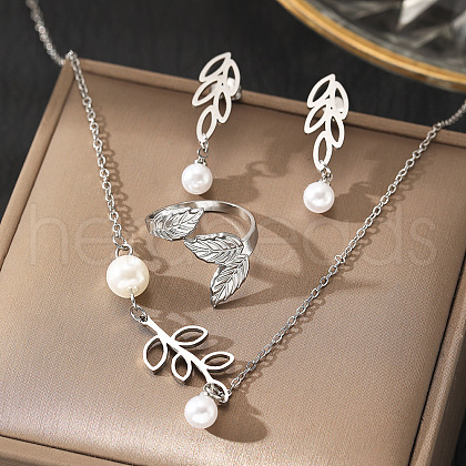 Leaf 304 Stainless Steel with Plastic Pearl Pendant Necklaces & Stud Dangle Earrings & Rings Sets FS-WGEF780-02-1