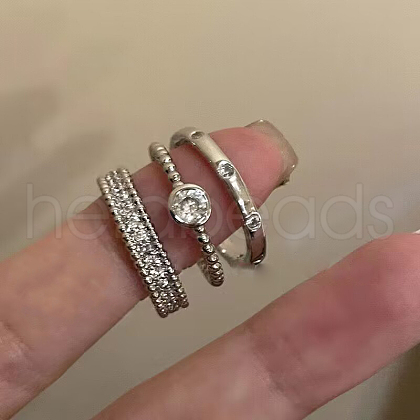 3Pcs 3 Styles Flat Round Brass Micro Pave Clear Cubic Zirconia Cuff Rings for Women FS-WGEADFE-08-1