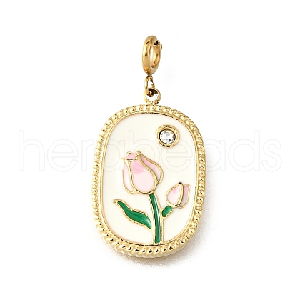 Oval with Flower 304 Stainless Steel Enamel & Rhinestone Pendant Decorations STAS-H202-40G-1
