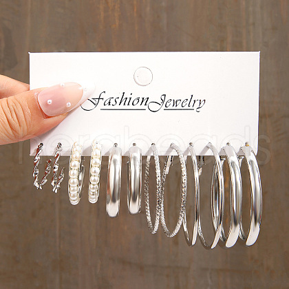 6Pairs Alloy with Plastic Imitation Pearl Stud Earrings & Hoop Earrings WG38505-07-1
