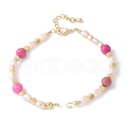 Brass & Natural Pearl and Dyed Hot Pink Imperial Jasper Round Beaded Bracelet Making KK-F892-22G-1