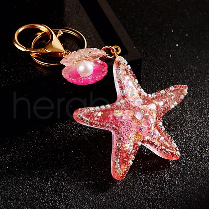 Diamond-Studded Starfish Shell Car Zinc Alloy Keychain Acrylic Cute Men and Women Bag Pendant Metal Keychain Ring Gift PW-WG2593B-03-1