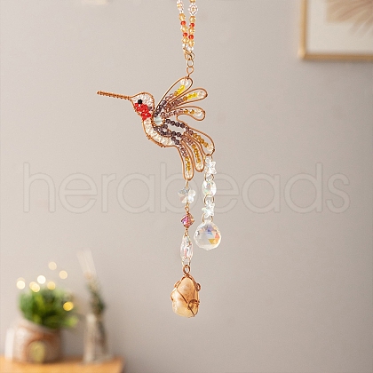 Wire Wrapped Glass Beads & Metal Bird Hanging Ornaments PW-WG06B21-01-1