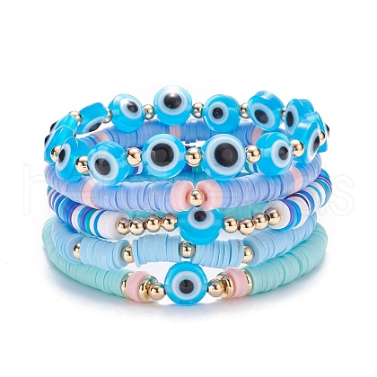 5Pcs 5 Style Polymer Clay Heishi Beaded Stretch Bracelets Set BJEW-JB07540-02-1