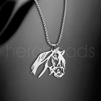 Laser Cut Horse Head 201 Stainless Steel Pendant Necklaces FS-WG40757-01-1