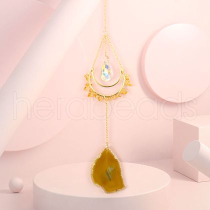 Natural Citrine Chip Wrapped Moon Hanging Ornaments PW-WG89822-05-1