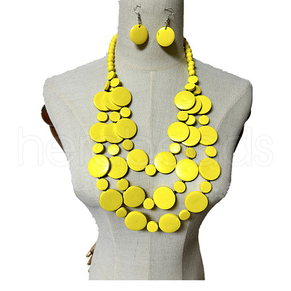 Ethnic Style Wood Flat Round Beaded Multilayer Necklaces & Dangle Earrings Sets WG19BD2-07-1