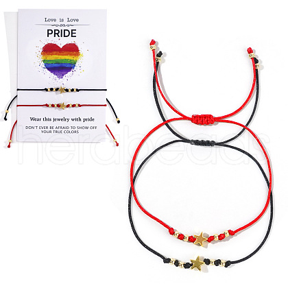2Pcs Bohemian Style & Pride Rainbow Heart Iron Synthetic Non-magnetic Hematite Braided Bead Bracelets for Couple UR7679-1